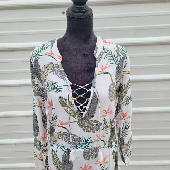 Blue Island Floral Leaf Bird of Paradise Peasant Dress Swim Coverup Womens Small - Picture 4 of 10